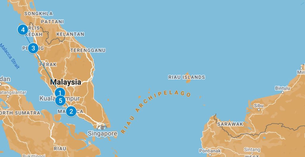 Map Malaysia itinerary 2 weeks / Karte Backpacking Malaysia Reiseroute 2 Wochen