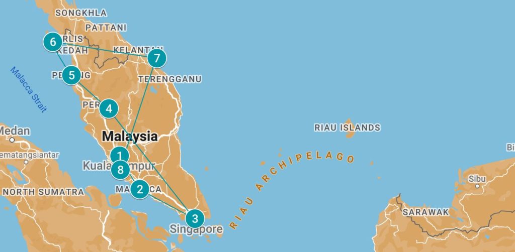 Map Malaysia itinerary 3 weeks / Karte Backpacking Malaysia Reiseroute 3 Wochen