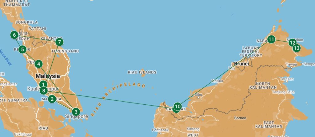 Map Malaysia itinerary more than 3 weeks / Karte Backpacking Malaysia Reiseroute mehr als 3 Wochen
