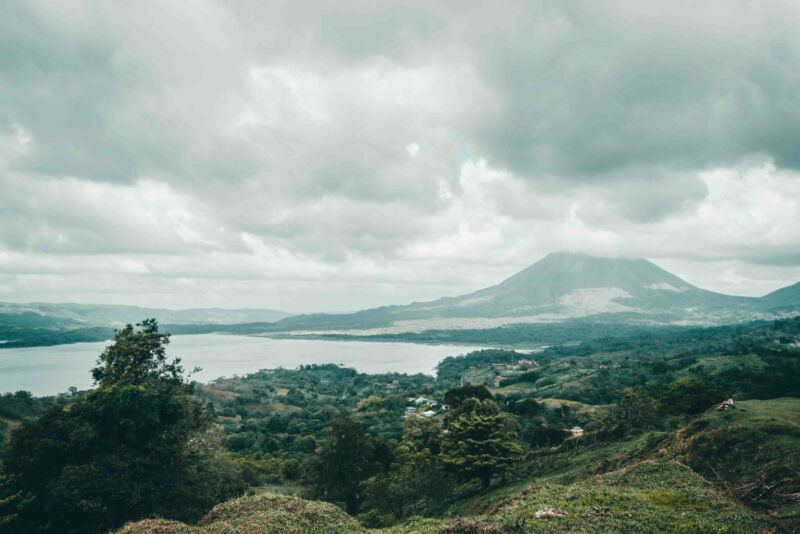 View from the mountain on the village and Essence Arenal, one of the best eco lodges in Costa Rica