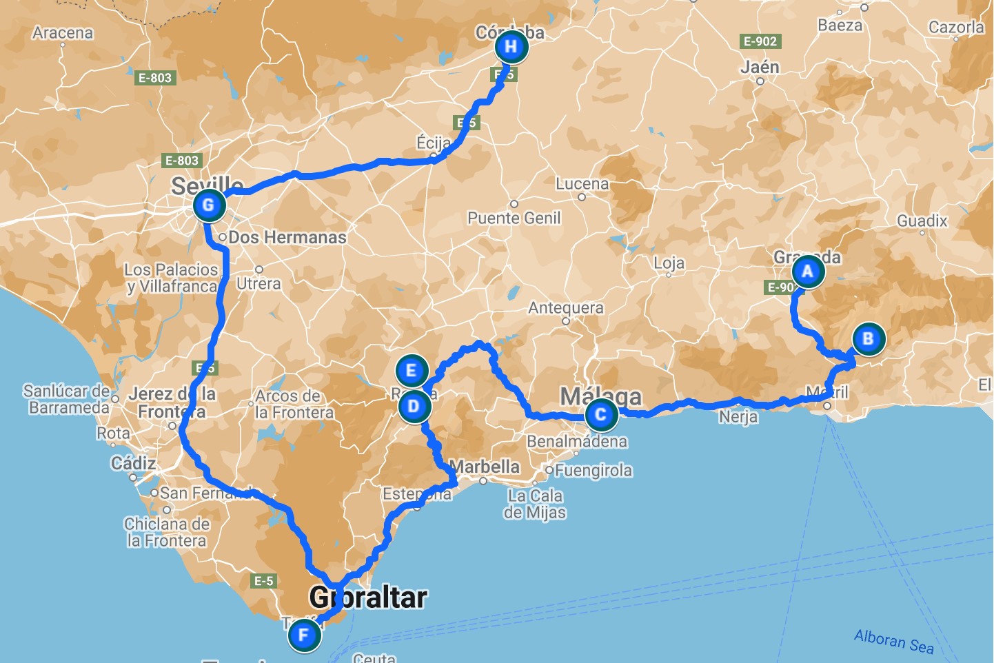Andalucia itinerary map