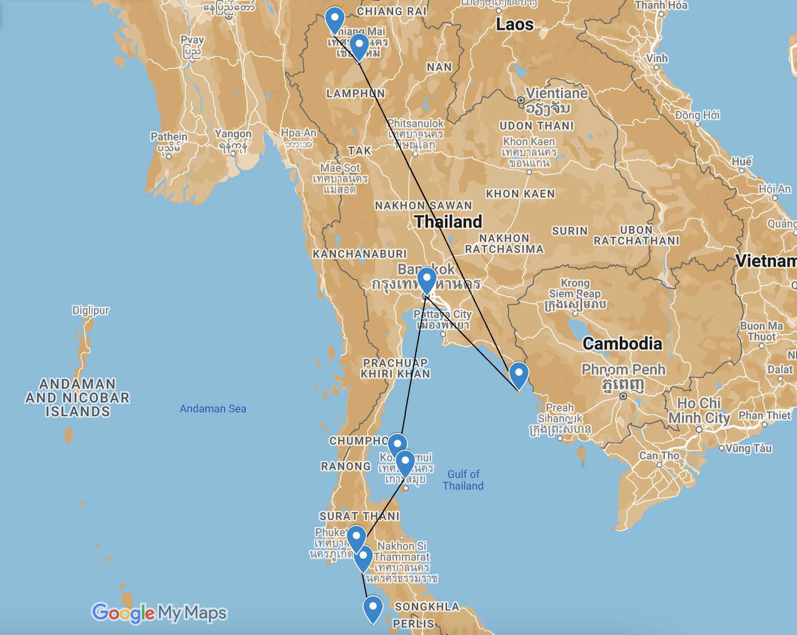 Map backpacking Thailand itinerary