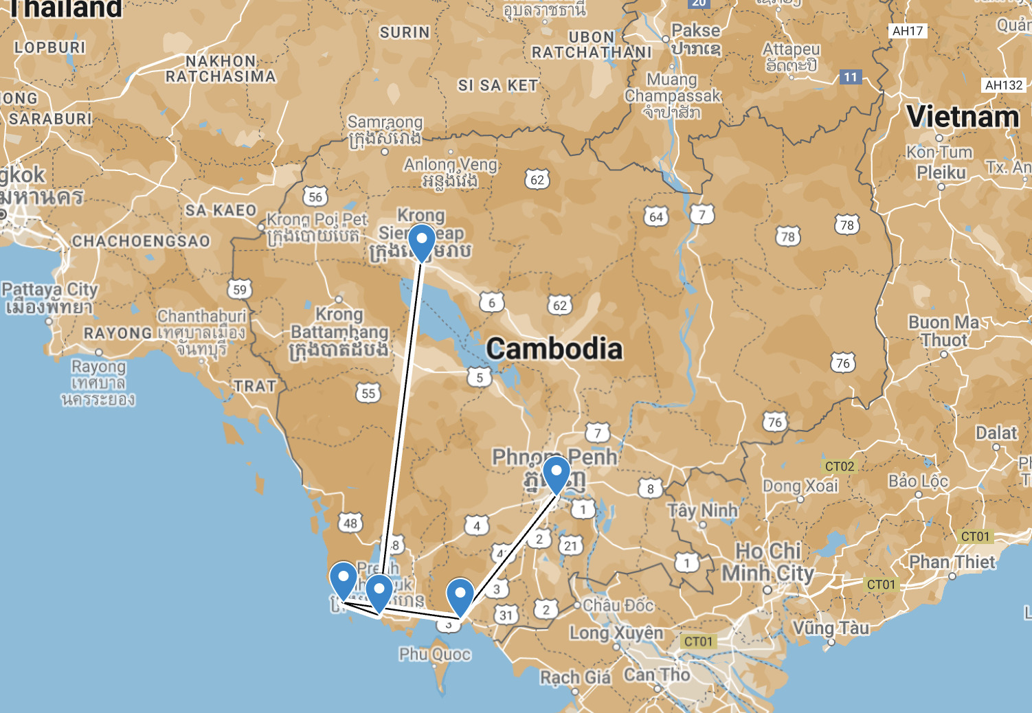 Backpacking Cambodia itinerary map