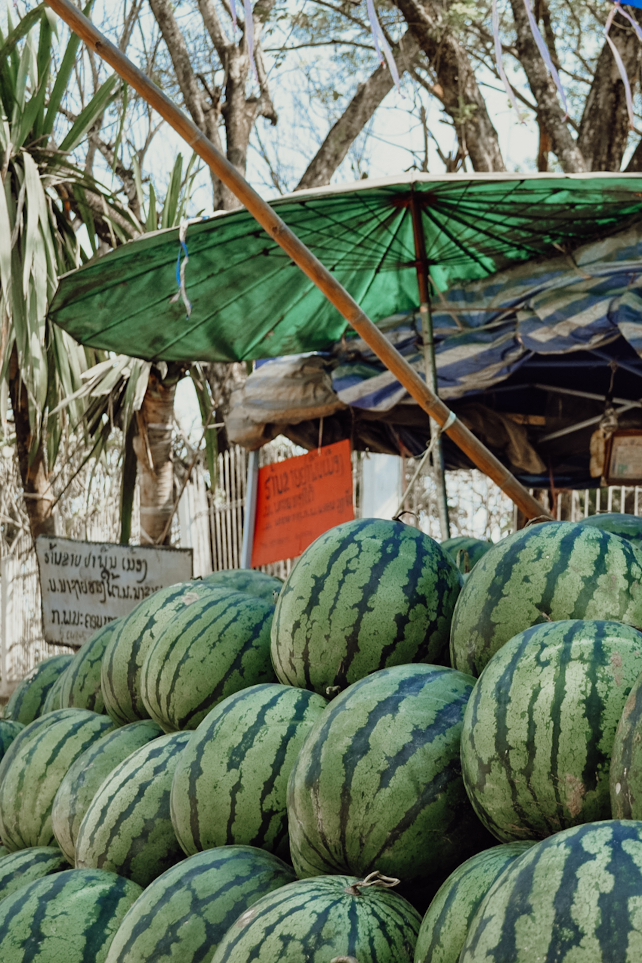 Watermelon stall on my Laos backpacking itinerary / Wassermelonen-Stand auf meiner Laos Reiseroute