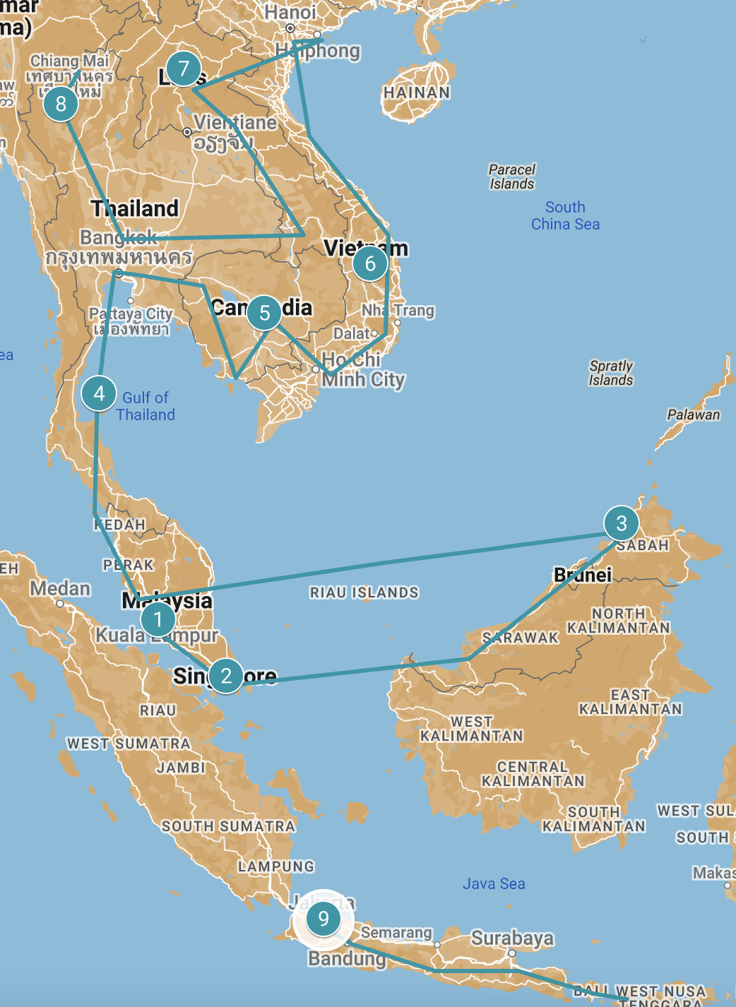 Southeast Asia backpacking itinerary map / Backpacking in Südostasien Reiseroute Karte