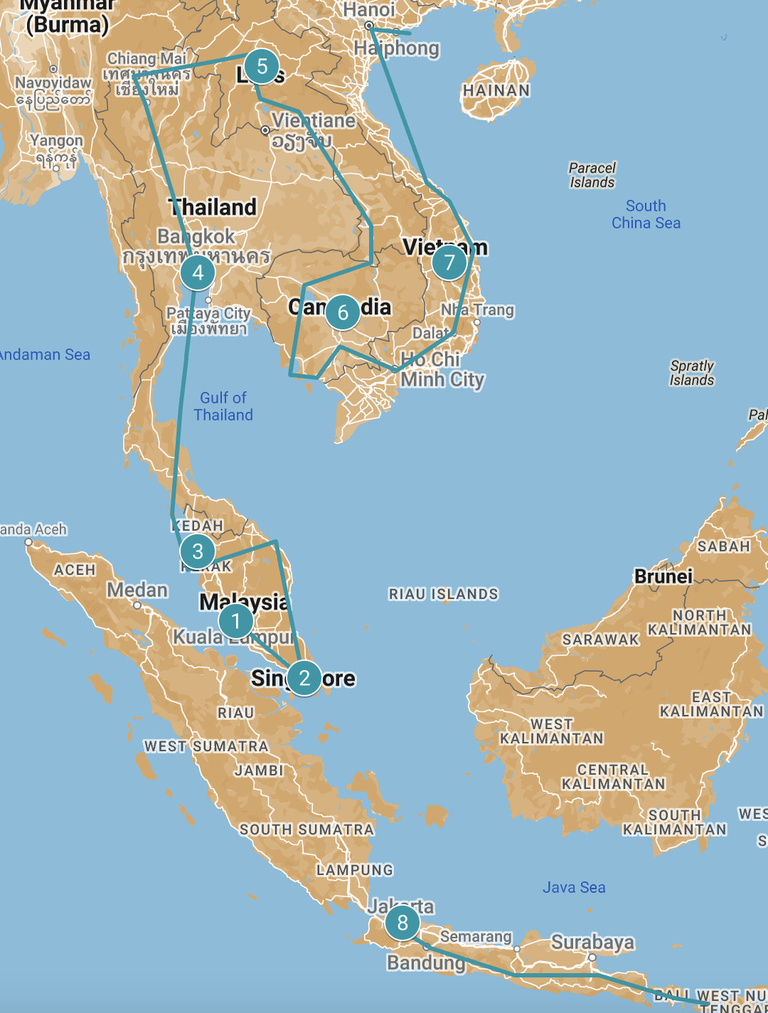 Southeast Asia backpacking itinerary map 2 / Backpacking in Südostasien Route Karte 2
