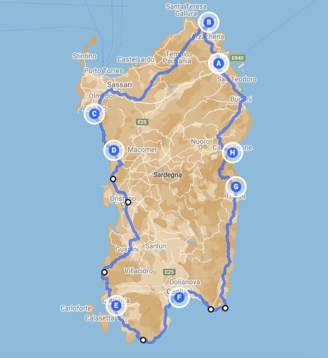 Map of Sardinia road trip itinerary // Karte der Sardinien Roadtrip Route