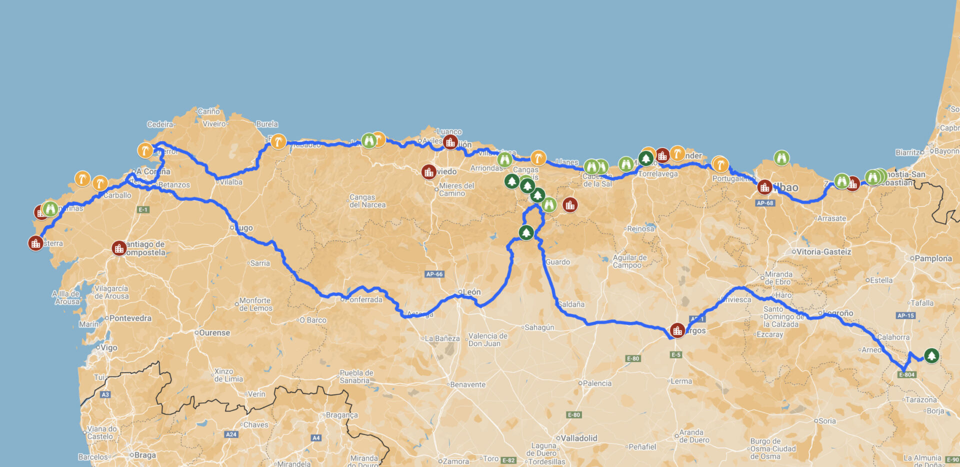 Map Northern Spain road trip itinerary