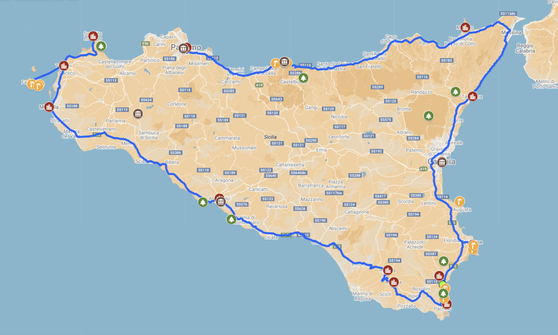 Map Sicily road trip itinerary | Karte Sizilien Roadtrip Route